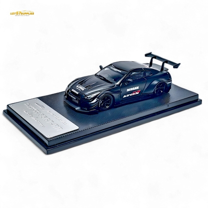 Diecast 1:64 Nissan R35 GTR GT model in matte black with Advan Liberty Walk design by Lot57Supplies Diecast Shop.