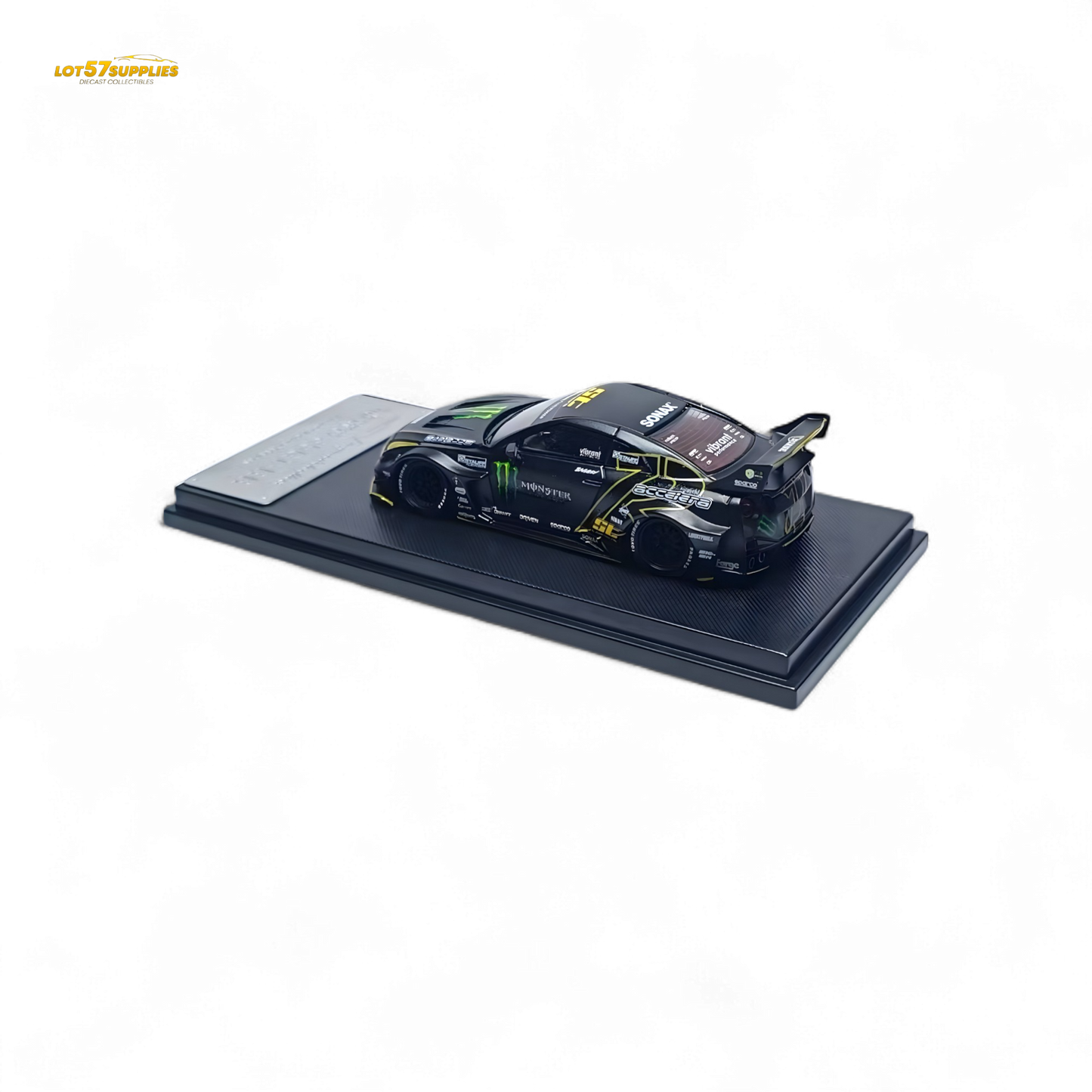 Matte black Nissan Skyline R35 GTR GT diecast model by Lot57Supplies, detailed 1:64 scale collectible car.
