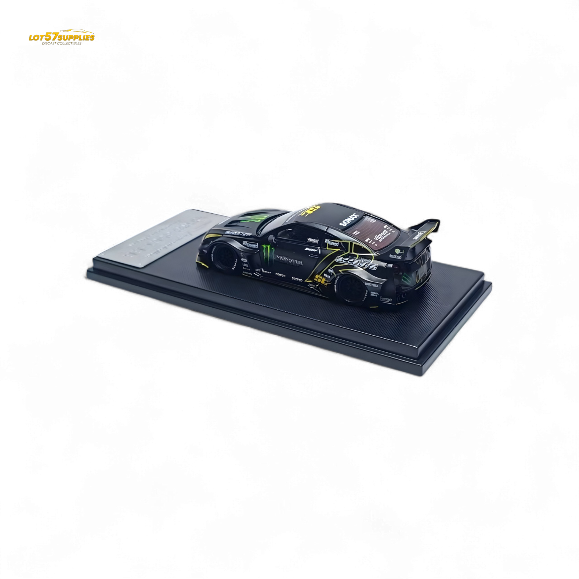 Matte black Nissan Skyline R35 GTR GT diecast model by Lot57Supplies, detailed 1:64 scale collectible car.