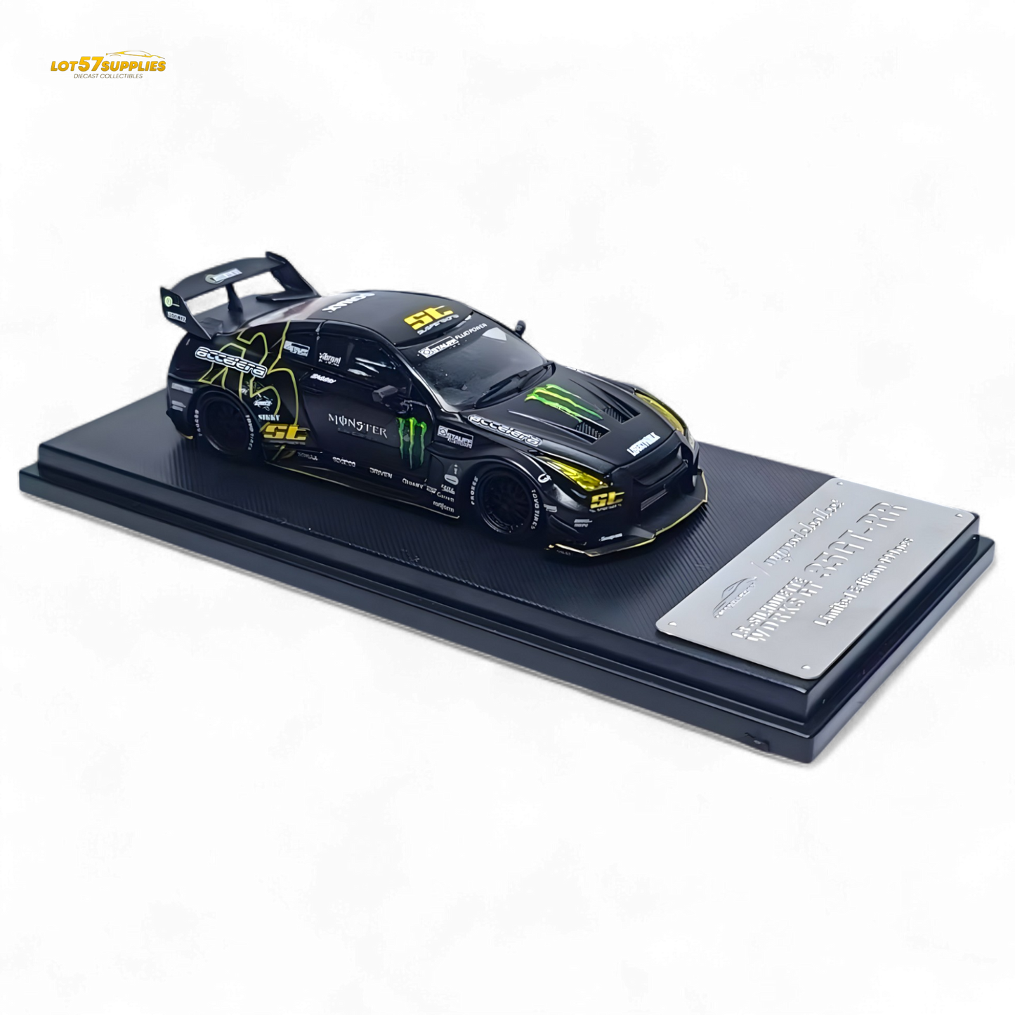 Matte black 1:64 scale Nissan Skyline R35 GTR diecast model by Lot57Supplies, detailed miniature car on display.