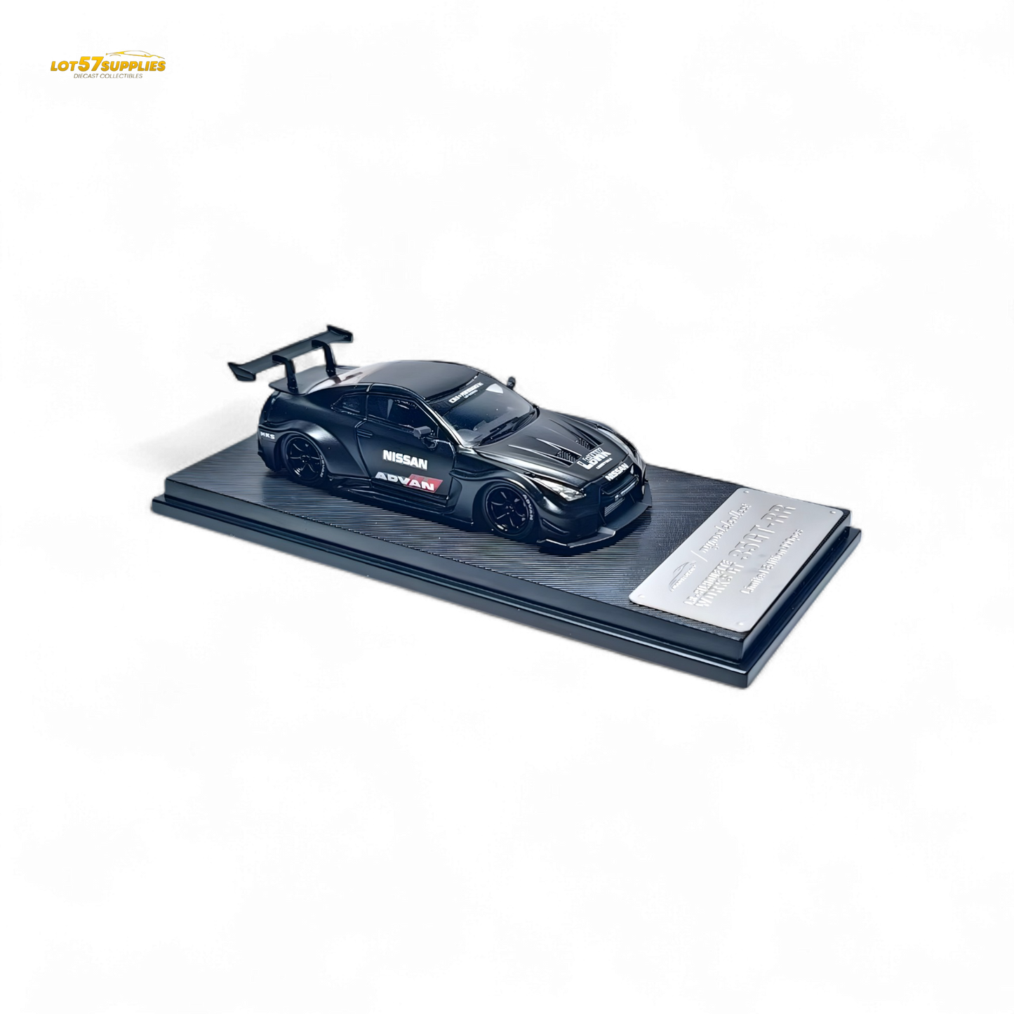 Matte black Nissan R35 GTR diecast model by Lot57Supplies, featuring Advan Liberty Walk design, 1:64 scale, detailed collectible car.