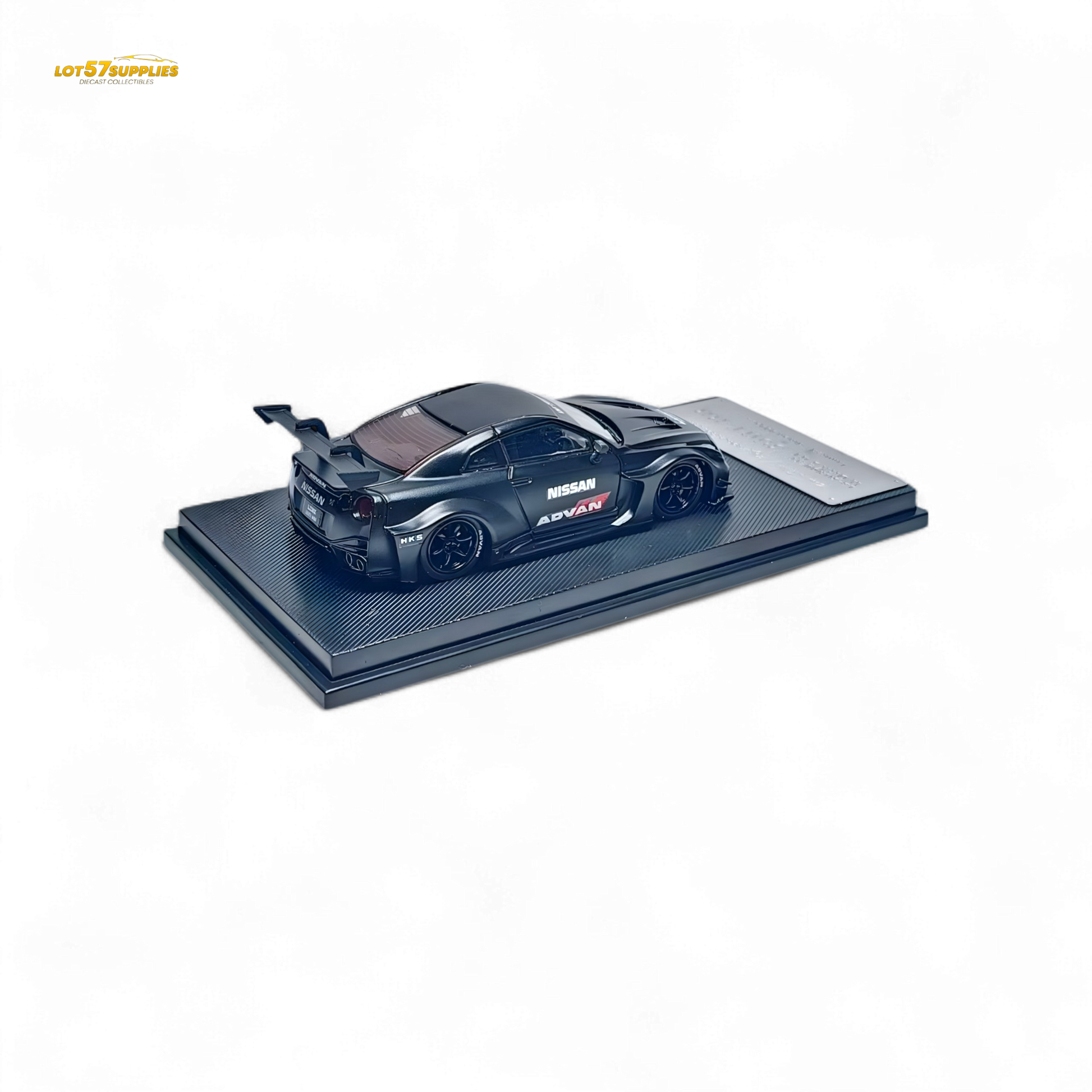 Matte black Nissan R35 GTR GT diecast model by Lot57Supplies, featuring Advan Liberty Walk design, 1:64 scale.