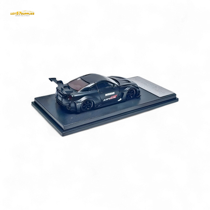 Matte black Nissan R35 GTR GT diecast model by Lot57Supplies, featuring Advan Liberty Walk design, 1:64 scale.