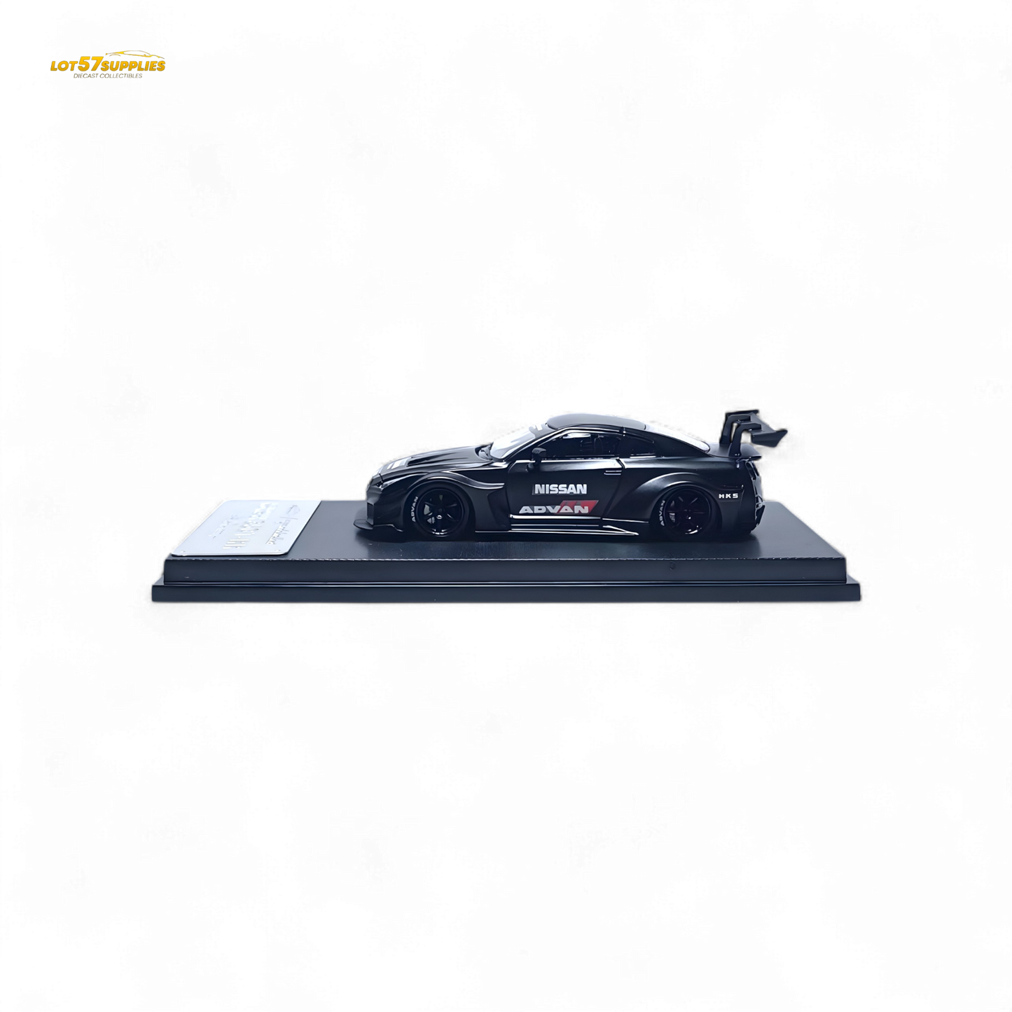 Diecast 1:64 Nissan R35 GTR GT model by Lot57Supplies, matte black Advan Liberty Walk design with detailed features.