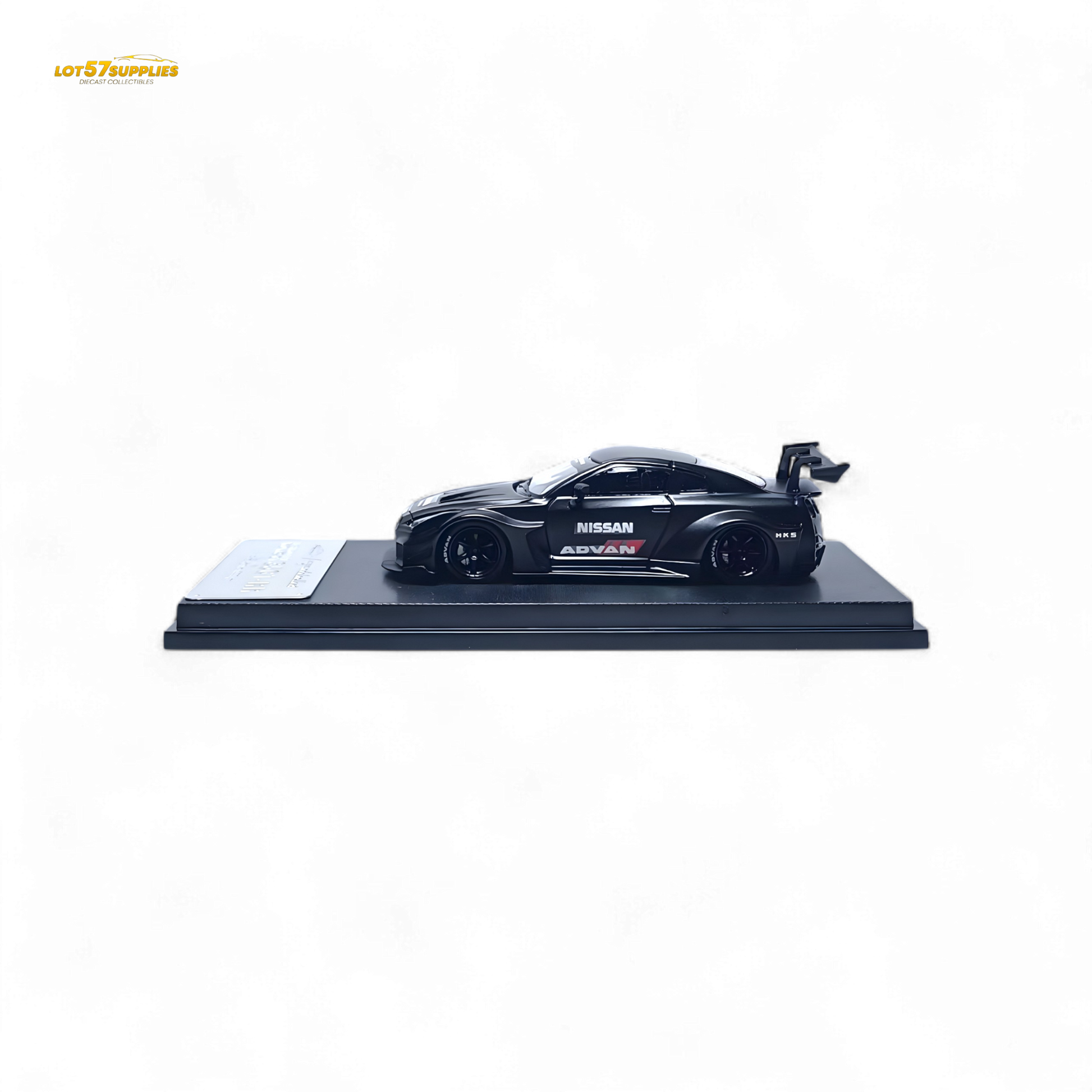 Diecast 1:64 Nissan R35 GTR GT model by Lot57Supplies, matte black Advan Liberty Walk design with detailed features.