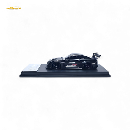 Diecast 1:64 Nissan R35 GTR GT model by Lot57Supplies, matte black Advan Liberty Walk design with detailed features.