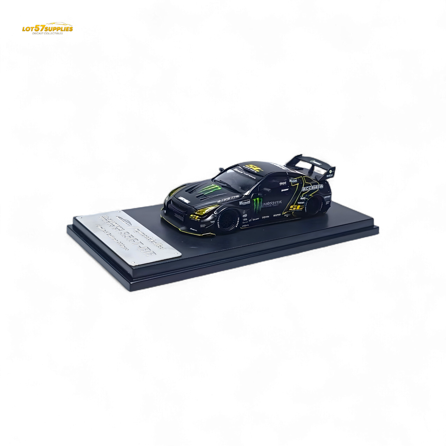 Matte black 1:64 scale Nissan Skyline R35 GTR diecast model by Lot57Supplies Diecast Shop, detailed miniature vehicle.