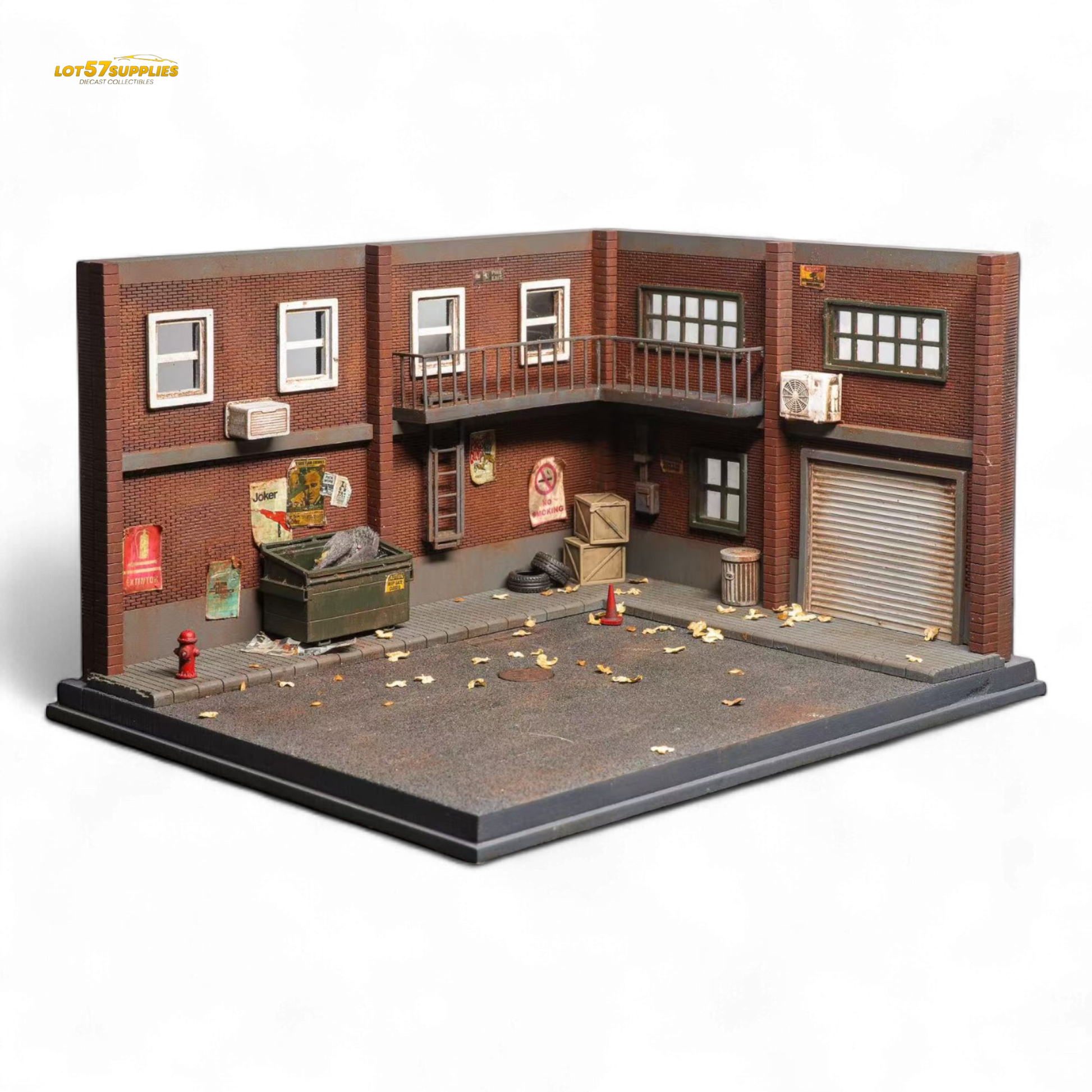 Detailed 1:64 scale Liberty 64 building scene diorama by Lot57Supplies Diecast Shop, showcasing miniature structures and urban setting.