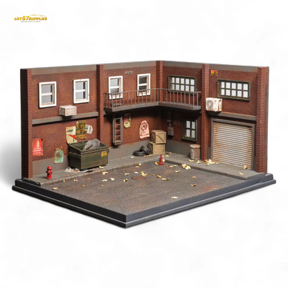 Detailed 1:64 scale Liberty 64 building scene diorama by Lot57Supplies Diecast Shop, showcasing miniature structures and urban setting.