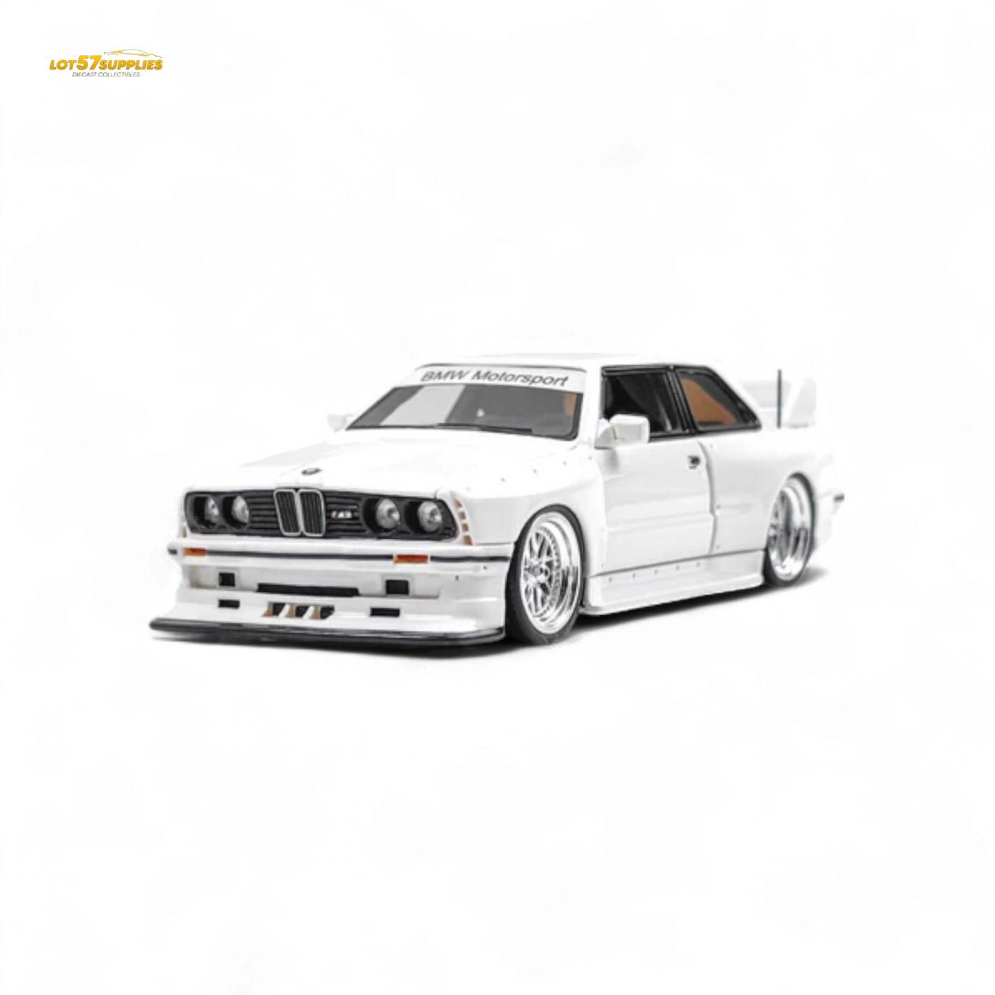 White BMW E30 1:64 scale diecast model with wide-body design from Lot57Supplies Diecast Shop, detailed and collectible.