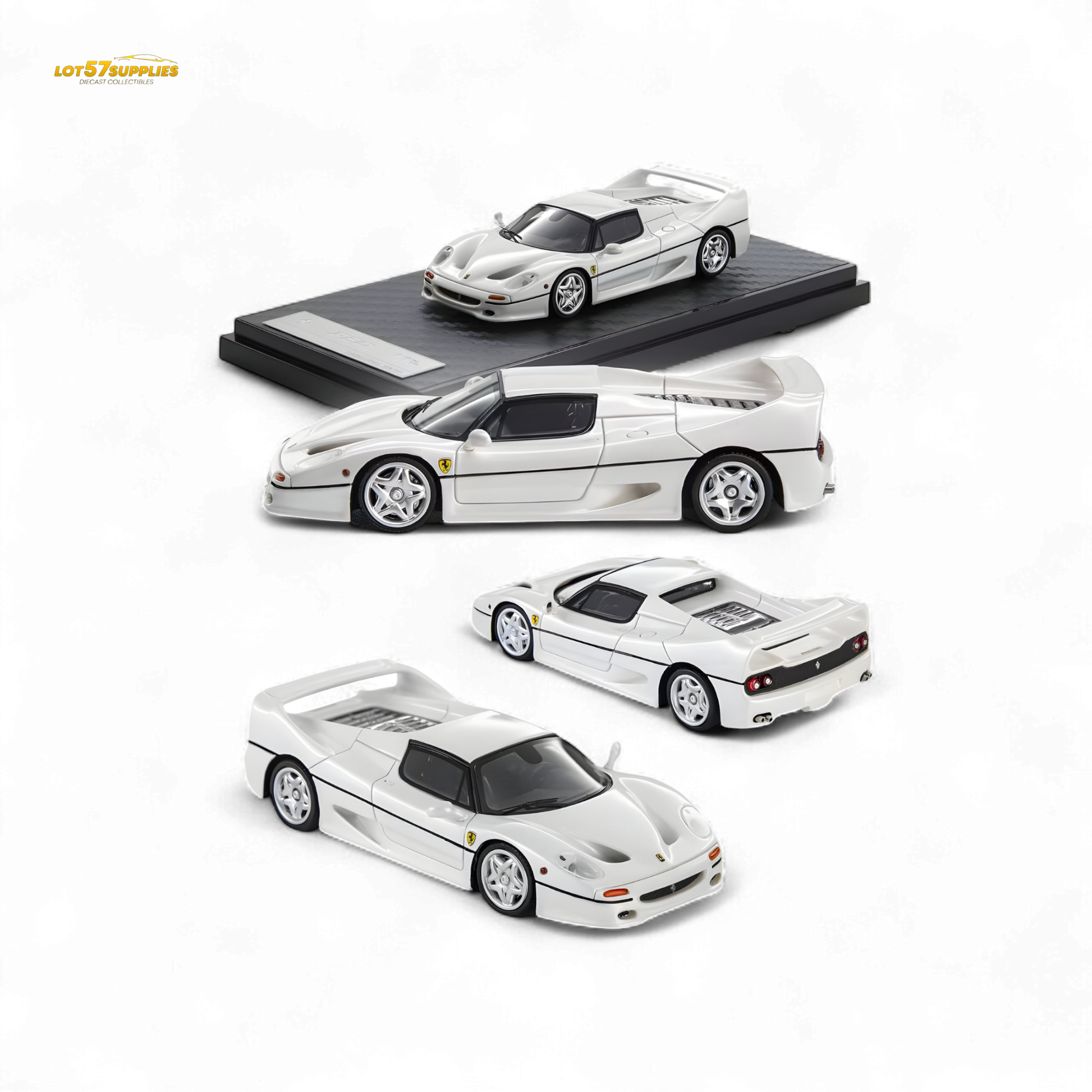 Pearl white Ferrari F50 diecast model in 1:64 scale from Nice Auto, featuring detailed design and realistic features.