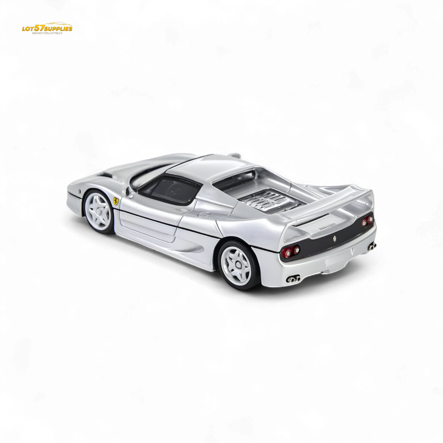 Silver Ferrari F50 diecast toy car in 1:64 scale by Nice Auto, featuring detailed design and realistic features.