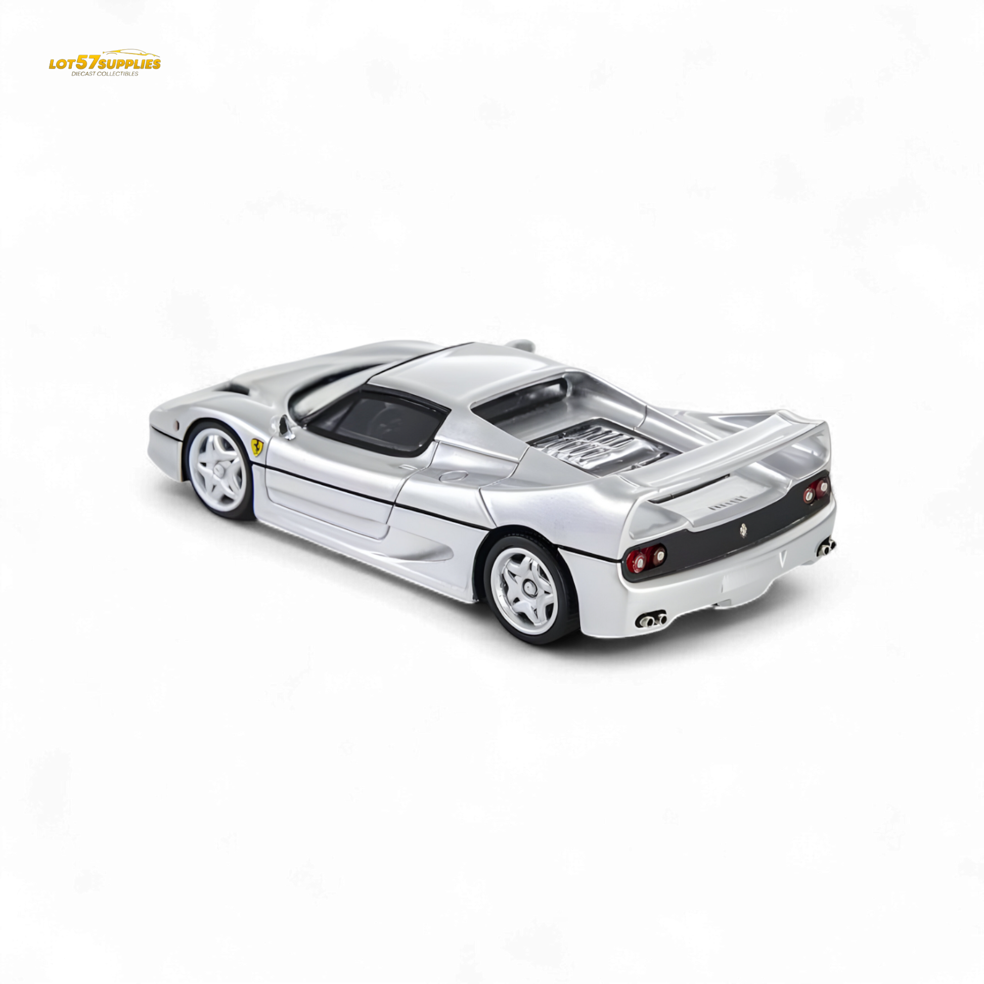 Silver Ferrari F50 diecast toy car in 1:64 scale by Nice Auto, featuring detailed design and realistic features.