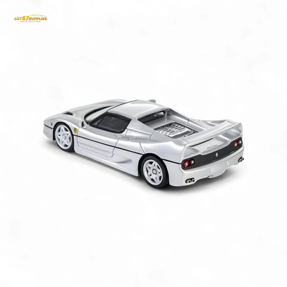 Silver Ferrari F50 diecast toy car in 1:64 scale by Nice Auto, featuring detailed design and realistic features.