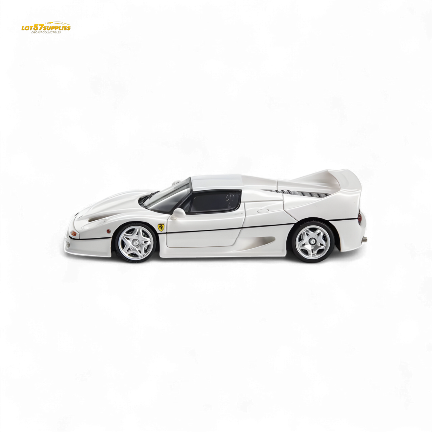 Pearl white Ferrari F50 diecast model in 1:64 scale by Nice Auto, featuring detailed design and realistic features.