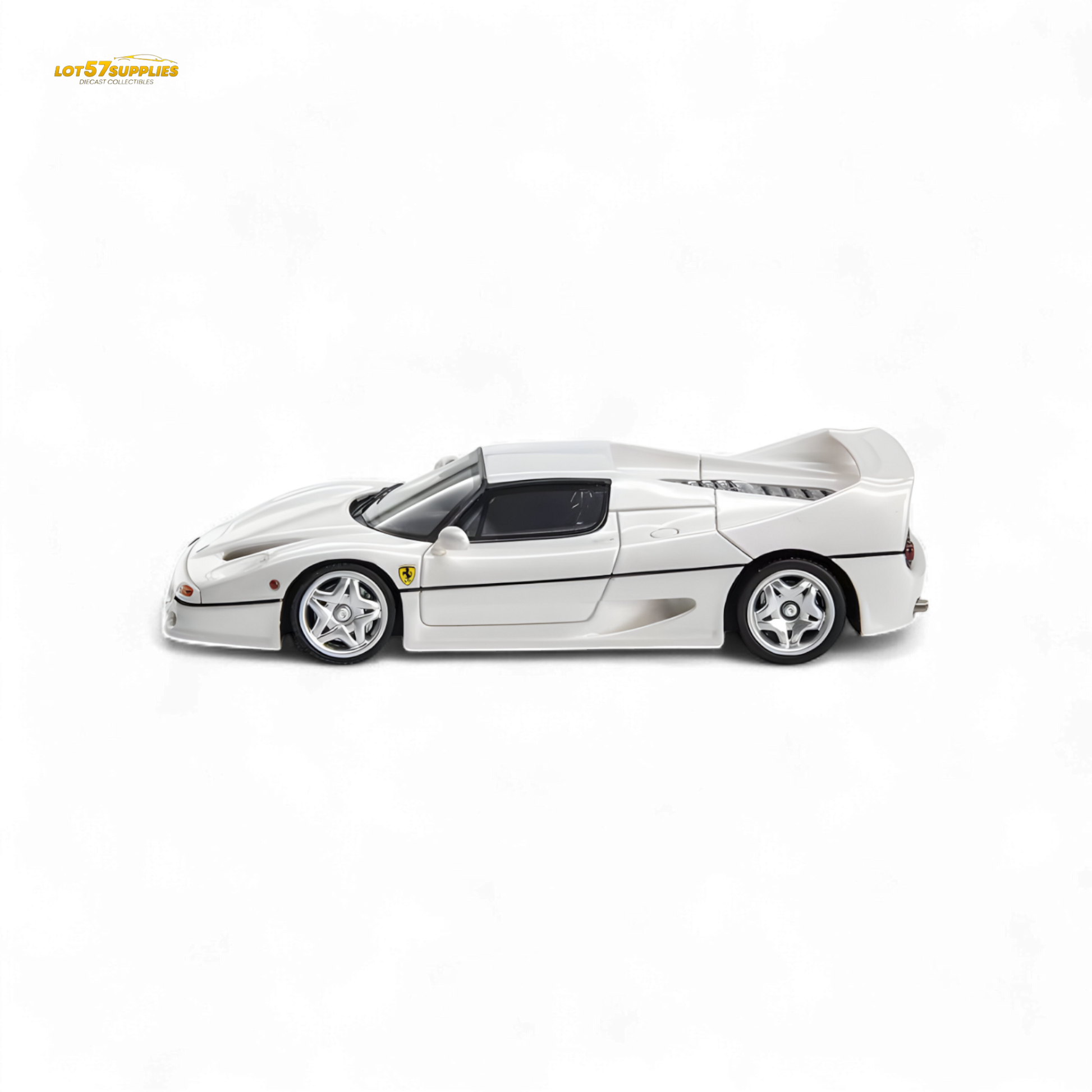 Pearl white Ferrari F50 diecast model in 1:64 scale by Nice Auto, featuring detailed design and realistic features.