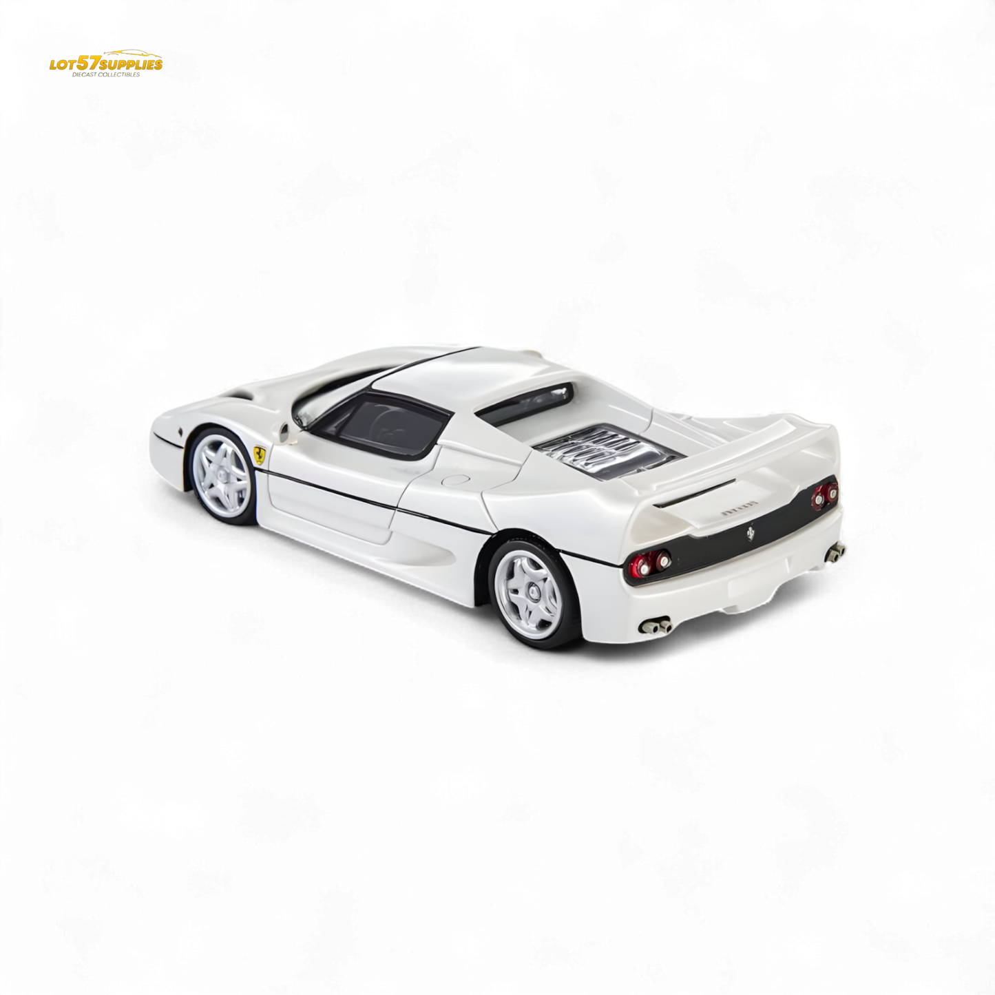 Pearl white Ferrari F50 diecast model in 1:64 scale by Nice Auto, detailed miniature car for collectors.