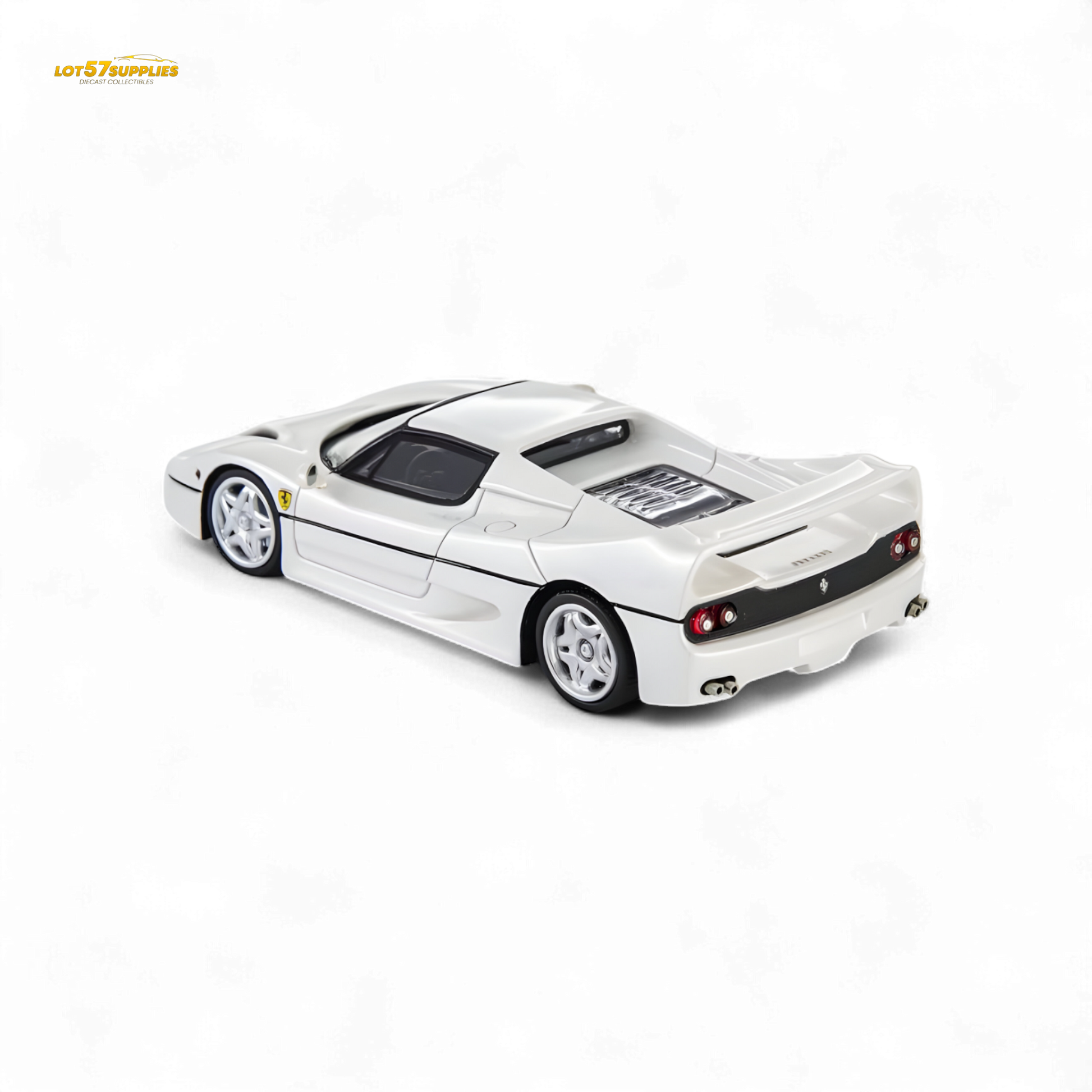 Pearl white Ferrari F50 diecast model in 1:64 scale by Nice Auto, detailed miniature car for collectors.