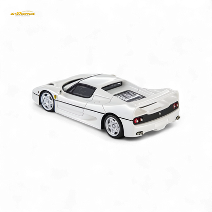 Pearl white Ferrari F50 diecast model in 1:64 scale by Nice Auto, detailed miniature car for collectors.