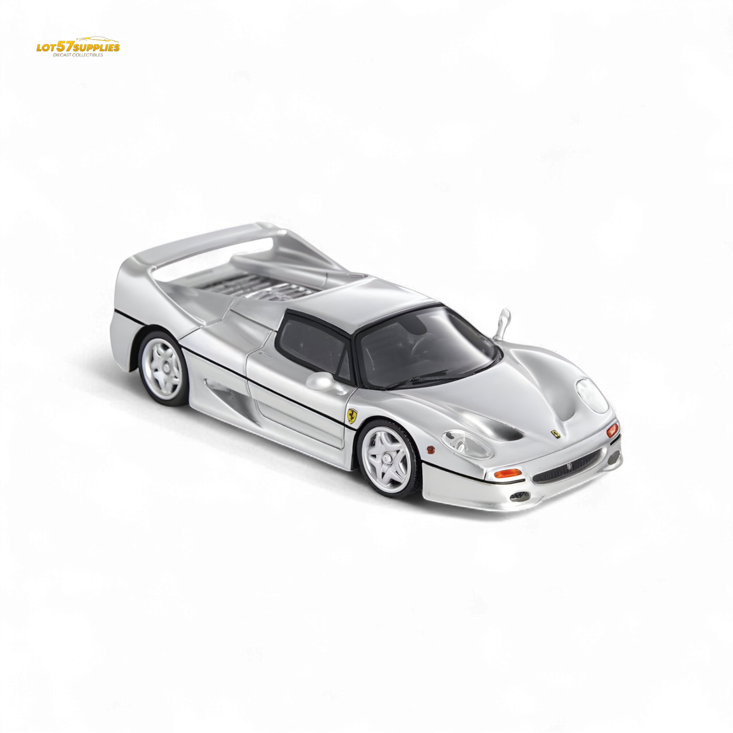 Silver Ferrari F50 diecast model by Nice Auto, 1:64 scale, detailed miniature car showcasing Ferrari's sleek design.