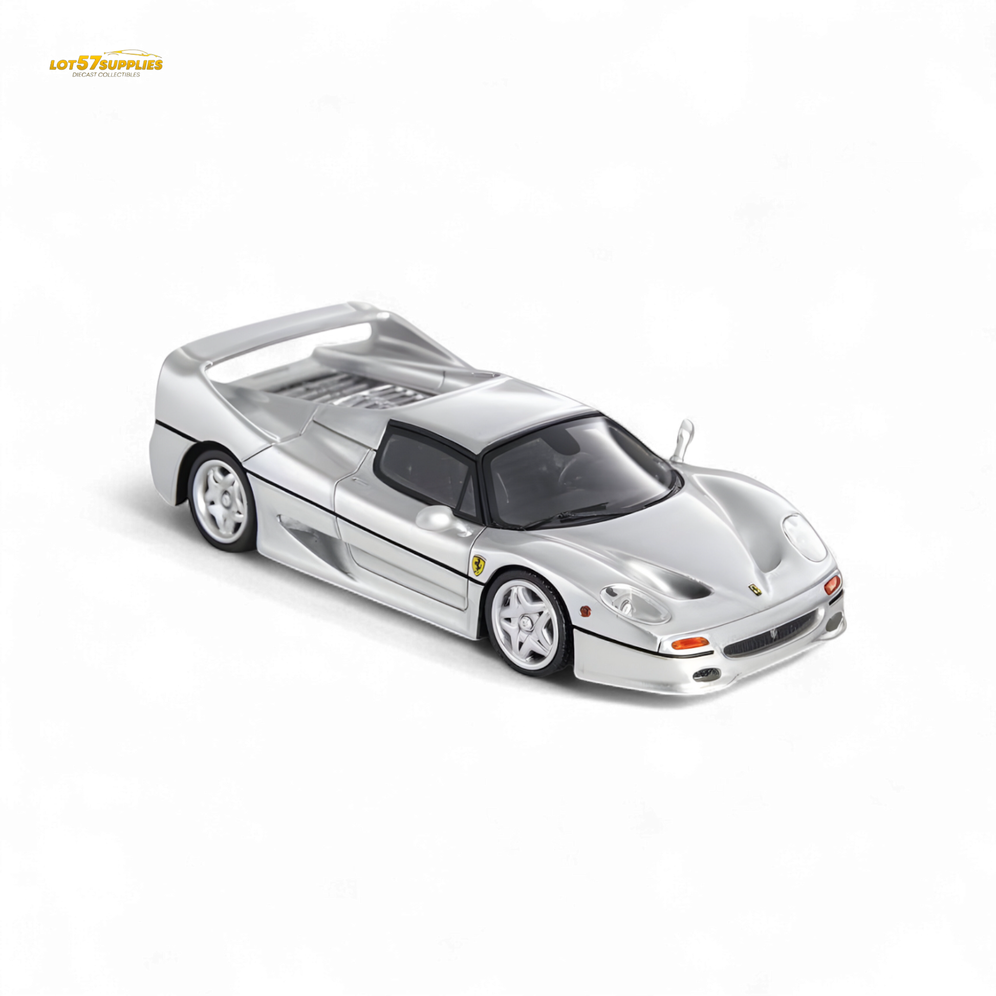 Silver Ferrari F50 diecast model by Nice Auto, 1:64 scale, detailed miniature car showcasing Ferrari's sleek design.