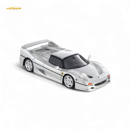 Silver Ferrari F50 diecast model by Nice Auto, 1:64 scale, detailed miniature car showcasing Ferrari's sleek design.