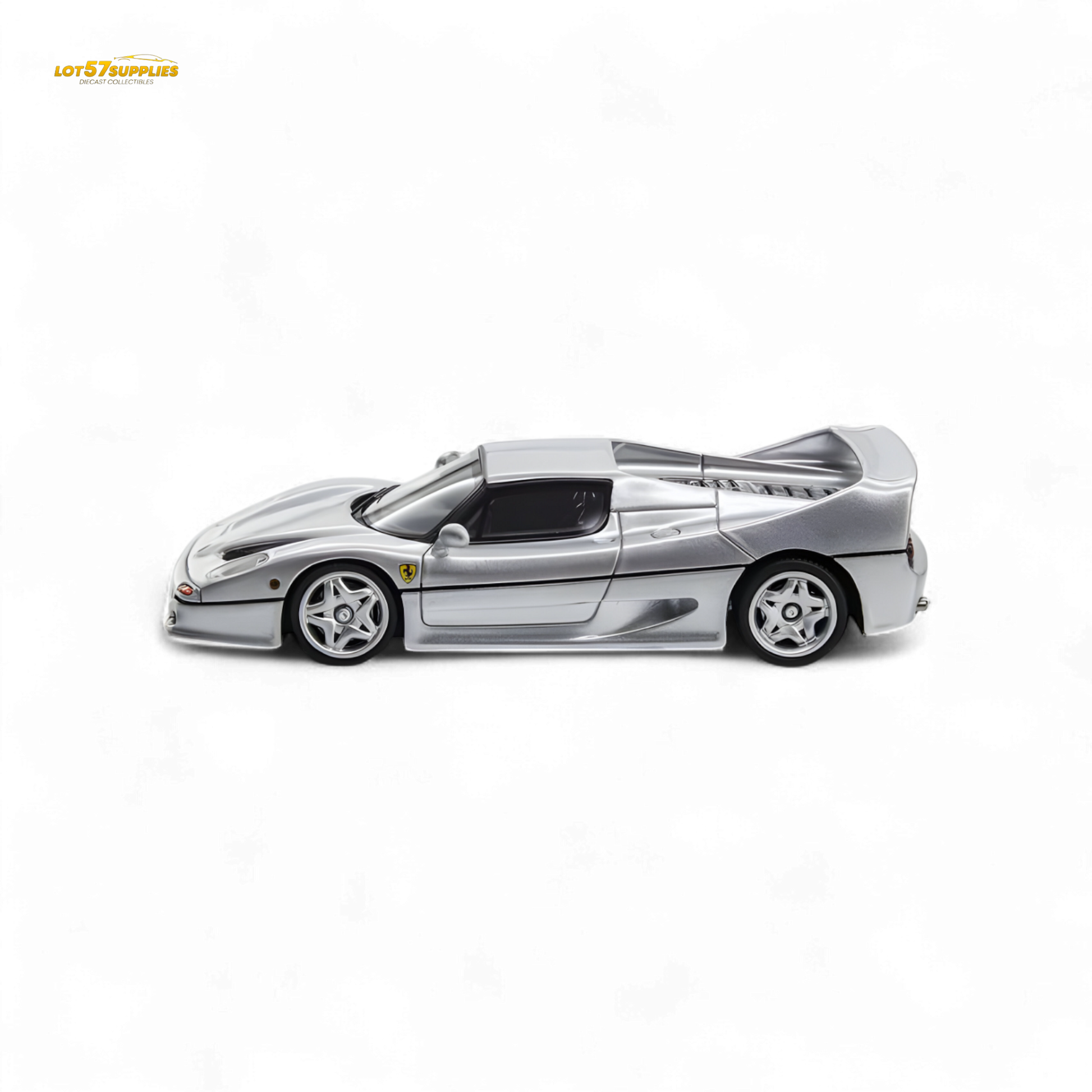 Silver Ferrari F50 diecast model by Nice Auto, 1:64 scale, showcasing detailed Ferrari replica in a compact collectible size