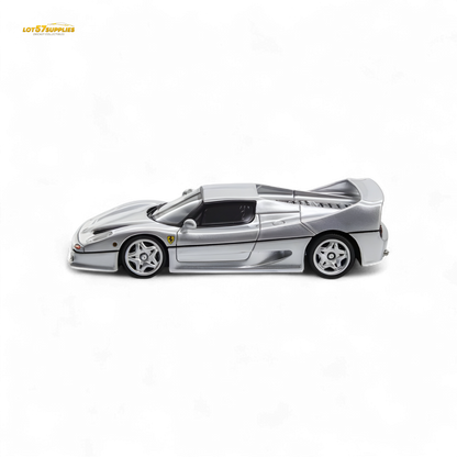 Silver Ferrari F50 diecast model by Nice Auto, 1:64 scale, showcasing detailed Ferrari replica in a compact collectible size