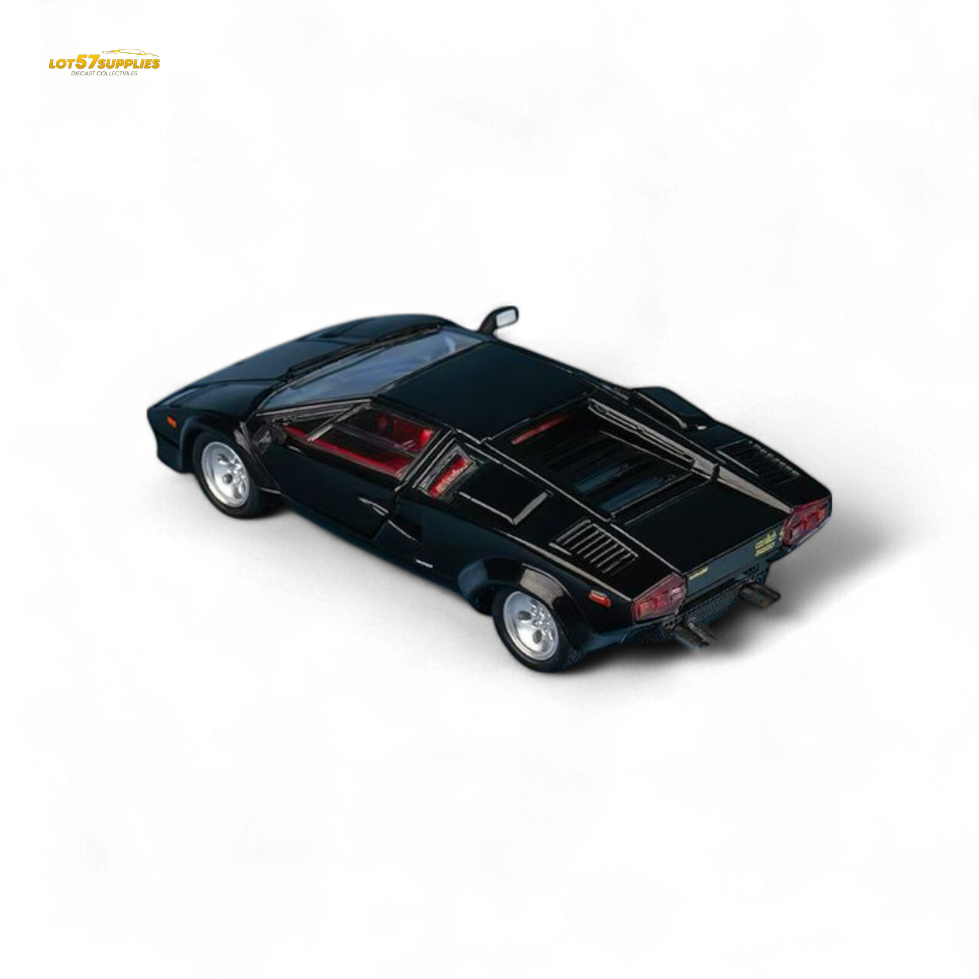 Metallic black Lamborghini Countach LP5000S diecast model in 1:64 scale by Lot57Supplies, detailed view of the miniature car.