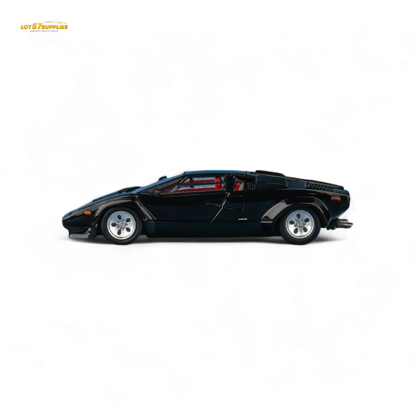 Metallic black Lamborghini Countach LP5000S diecast model by Lot57Supplies, detailed 1:64 scale car with realistic features.