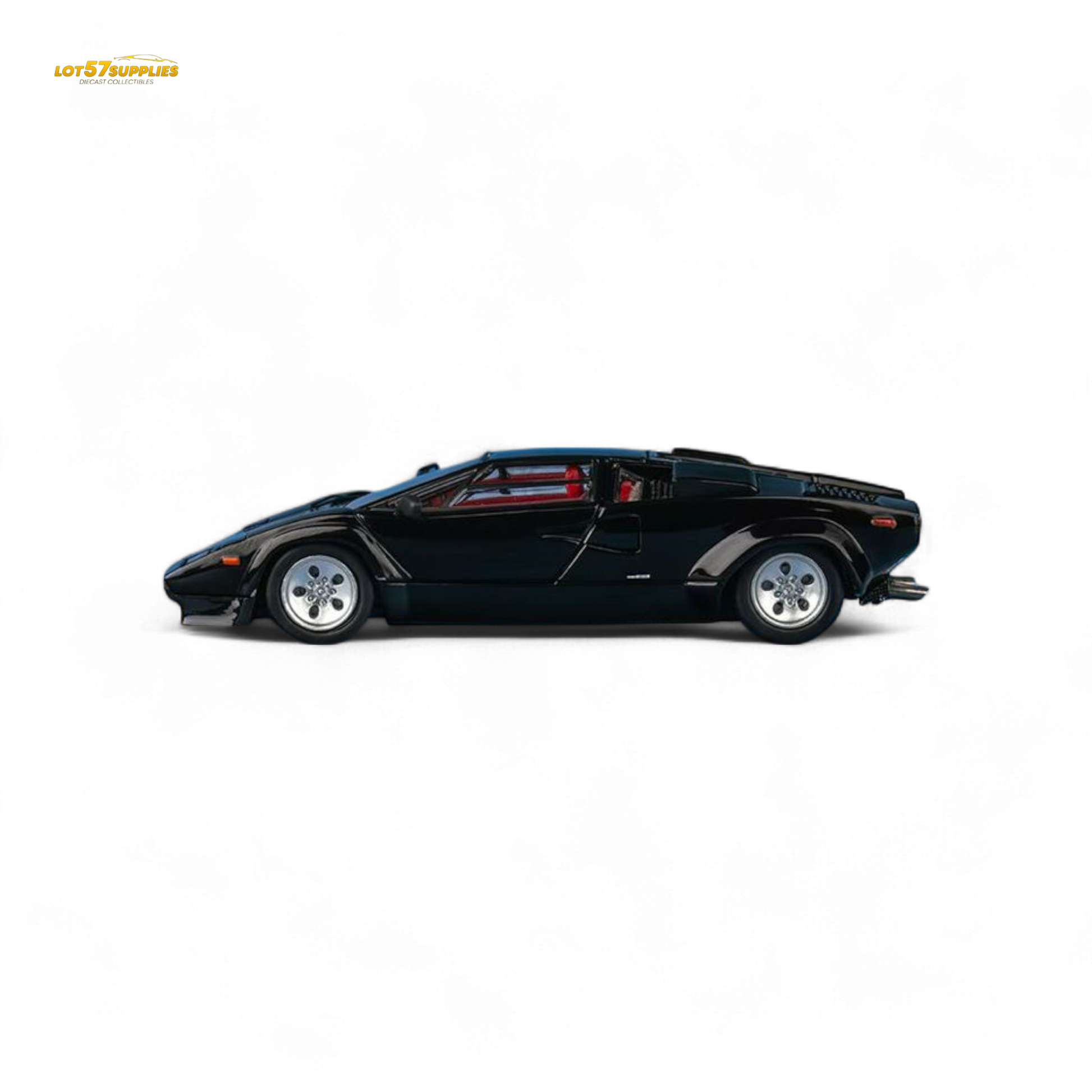 Metallic black Lamborghini Countach LP5000S diecast model by Lot57Supplies, detailed 1:64 scale car with realistic features.