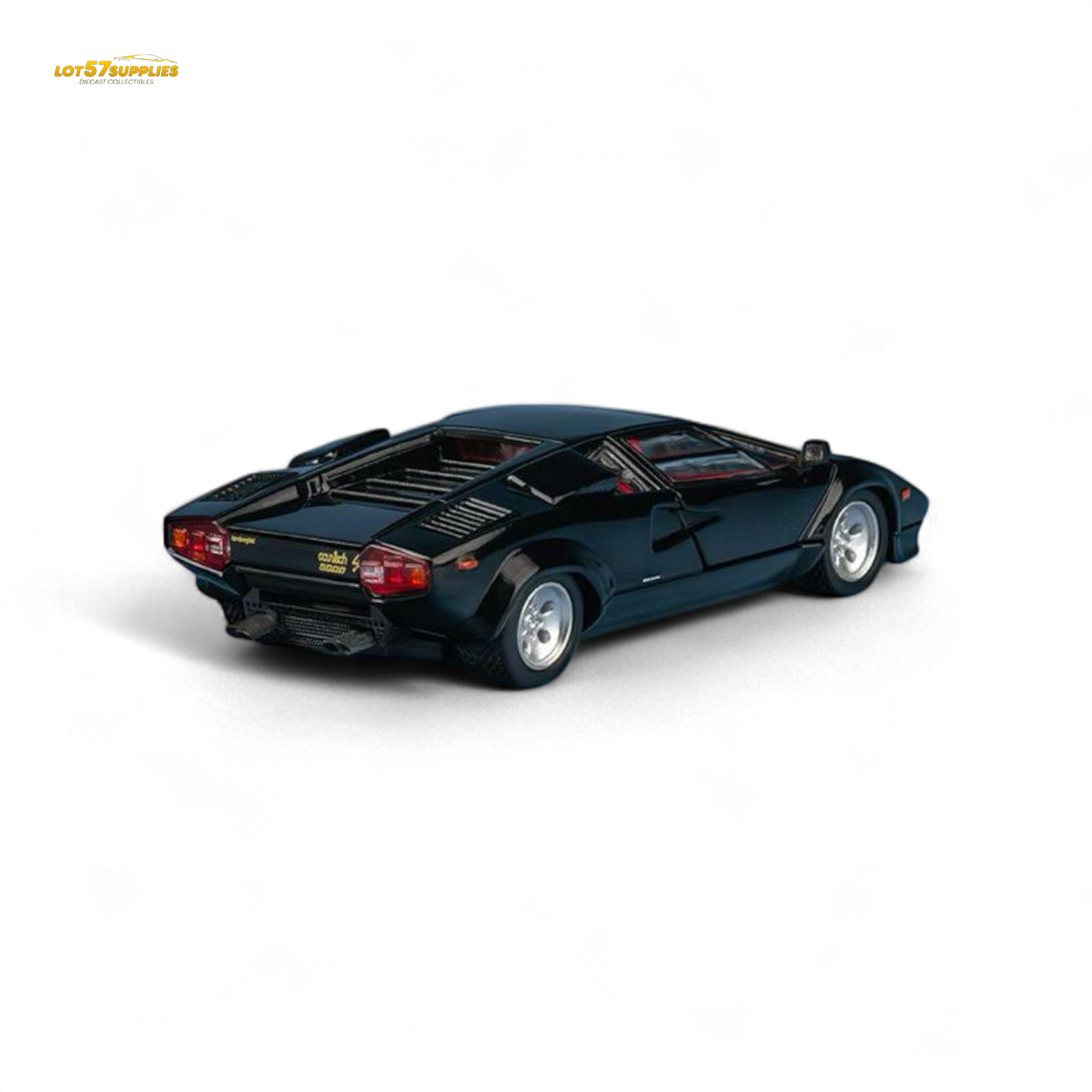 Black Lamborghini Countach LP5000S diecast model in 1:64 scale by Lot57Supplies Diecast Shop, showing detailed exterior features.