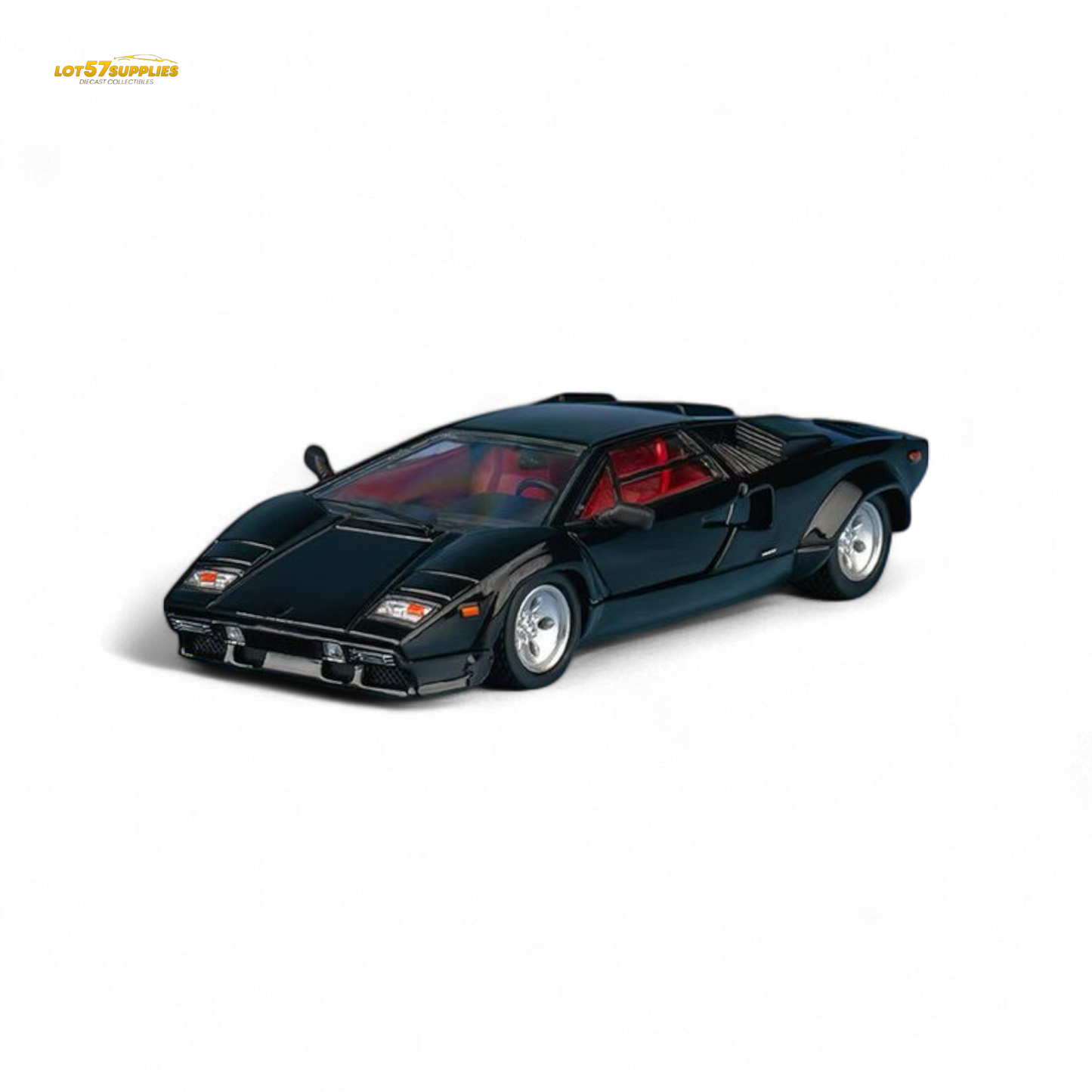 Black Lamborghini Findclassically Countach LP5000S diecast model in 1:64 scale, showcasing detailed metallic black finish.