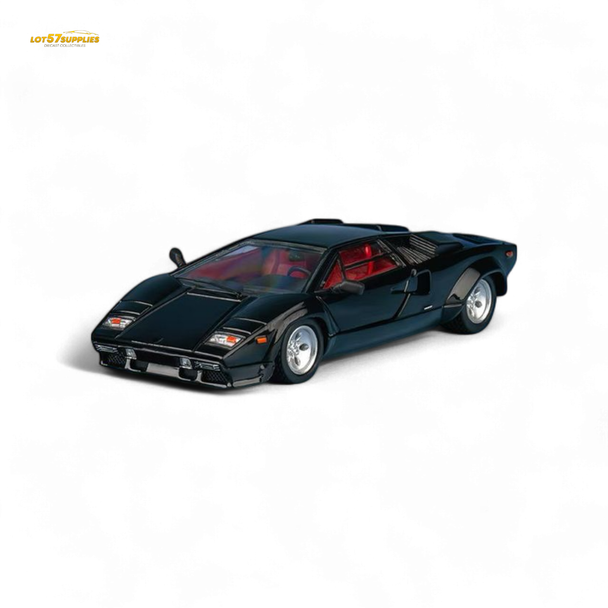 Black Lamborghini Findclassically Countach LP5000S diecast model in 1:64 scale, showcasing detailed metallic black finish.