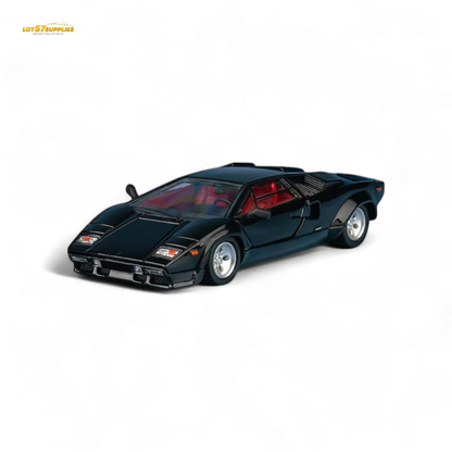 Black Lamborghini Findclassically Countach LP5000S diecast model in 1:64 scale, showcasing detailed metallic black finish.