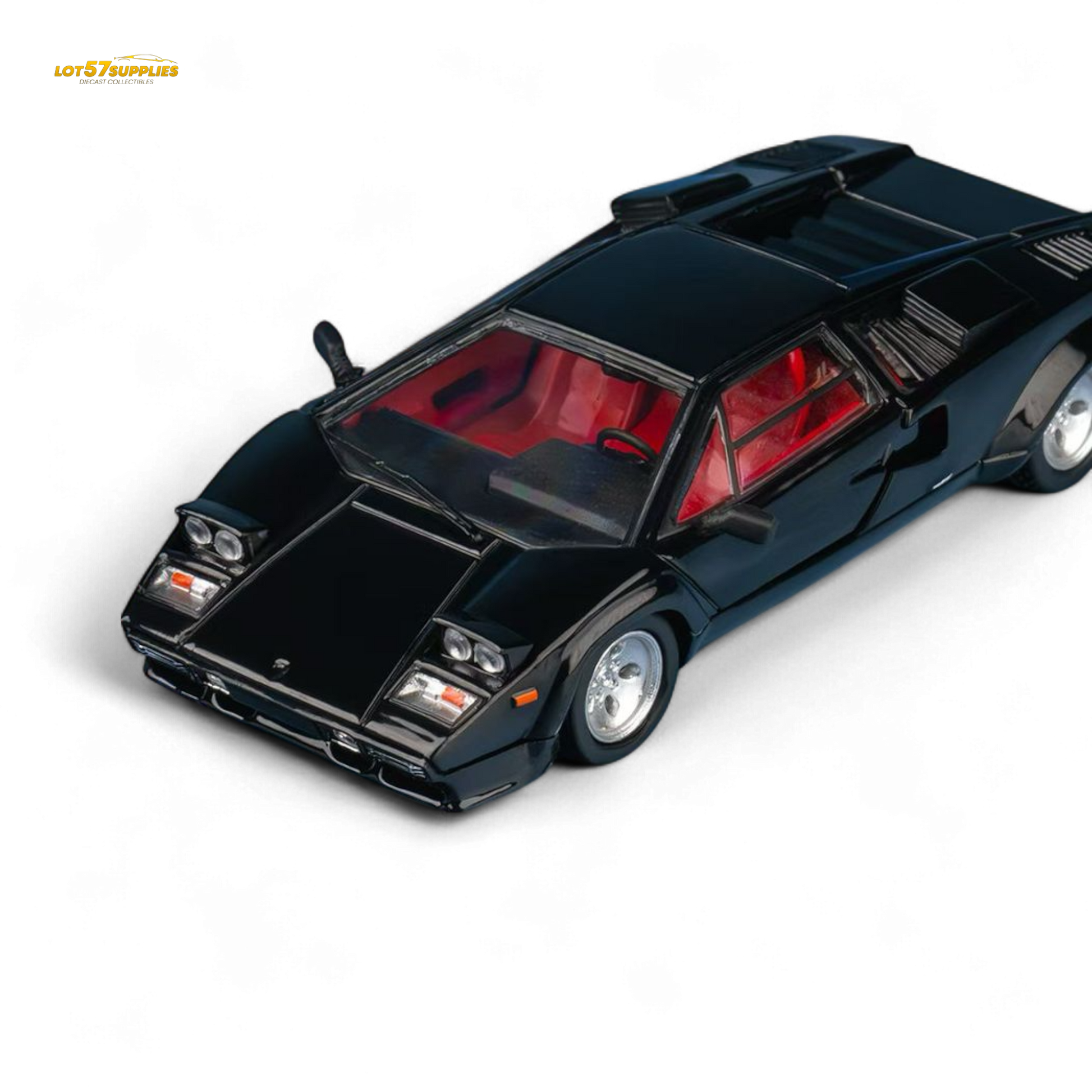 Metallic black Lamborghini Countach LP5000S diecast car in 1:64 scale by Lot57Supplies Diecast Shop, showing detailed exterior and wheels.