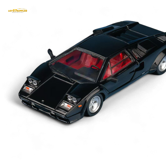 Metallic black Lamborghini Countach LP5000S diecast car in 1:64 scale by Lot57Supplies Diecast Shop, showing detailed exterior and wheels.