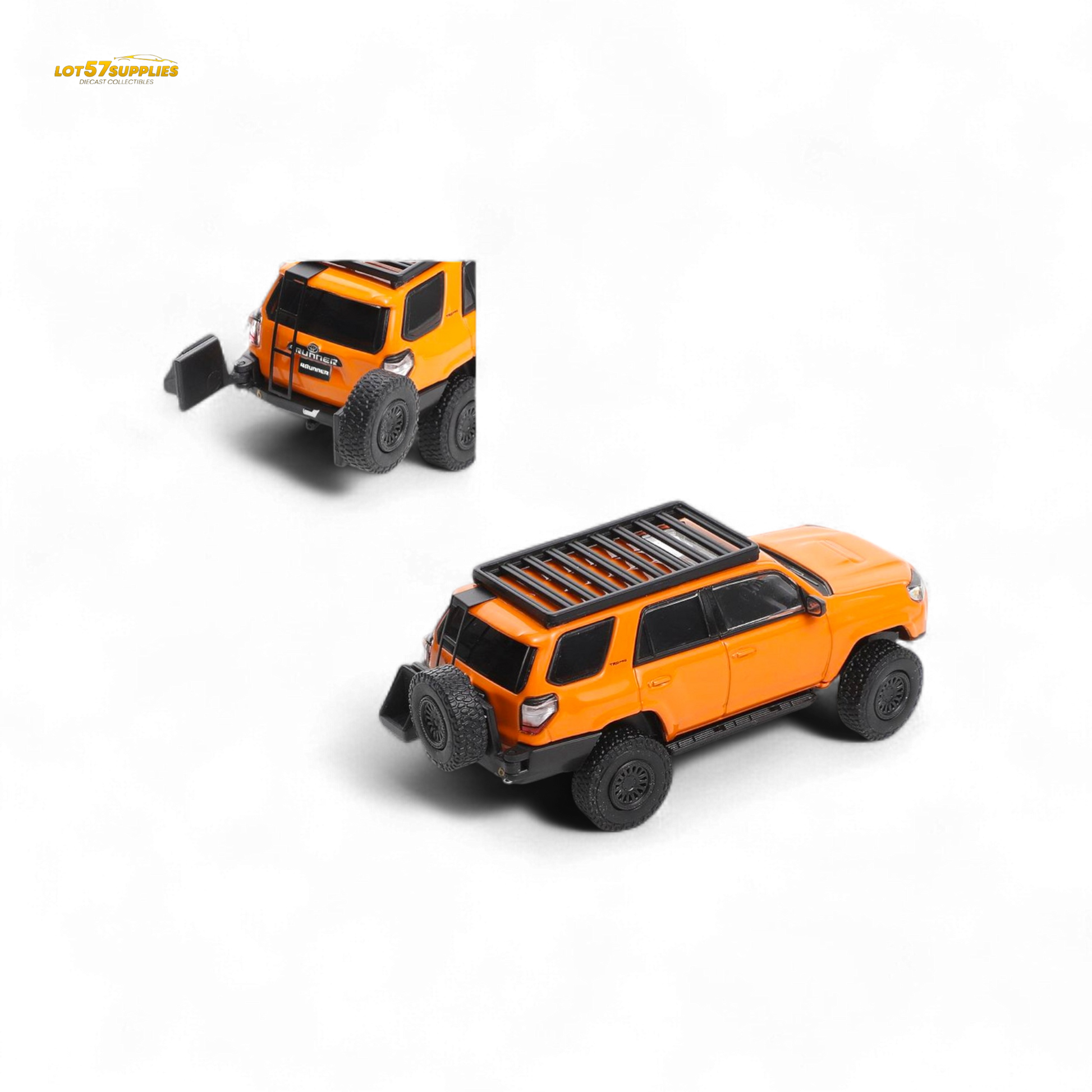 Orange GCD Toyota 4Runner diecast model in 1:64 scale, detailed modified version, by Lot57Supplies Diecast Shop.