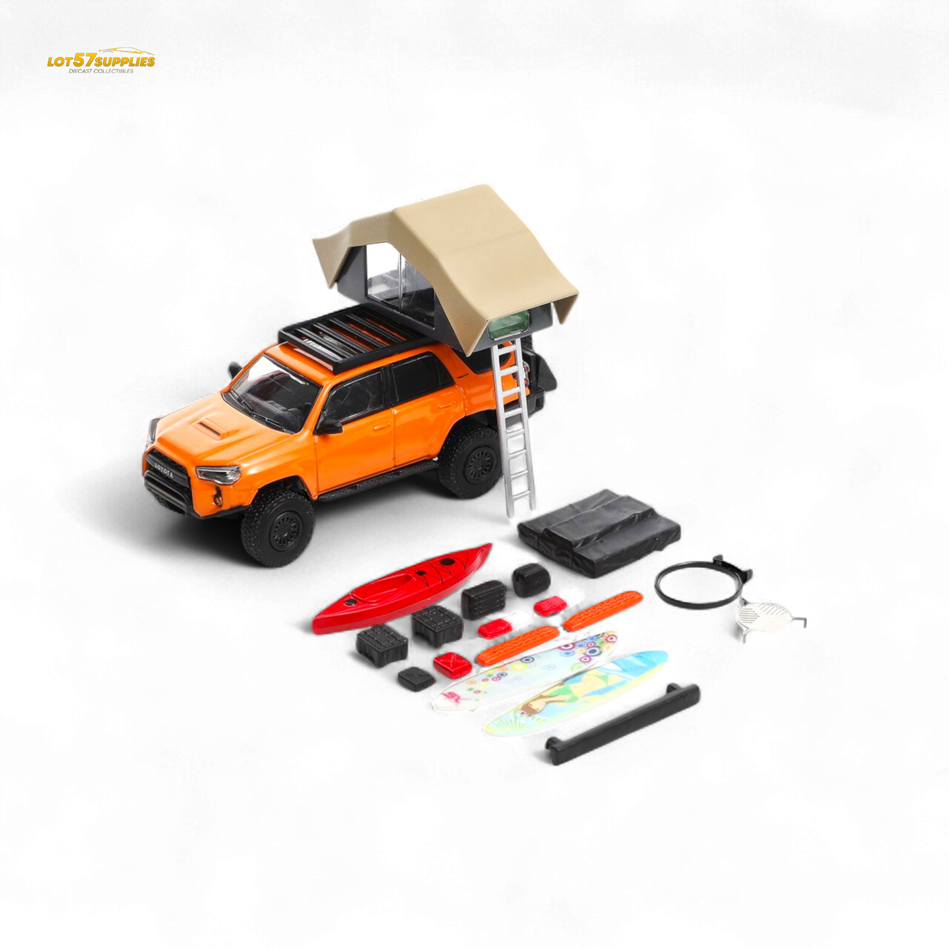 Orange modified 1:64 scale Toyota 4 Runner diecast model by Lot57Supplies Diecast Shop, detailed view of the miniature vehicle.