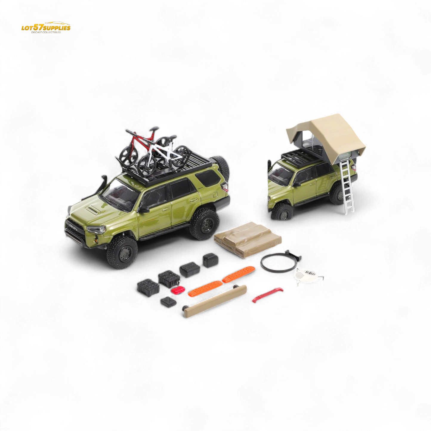 Olive green GCD Toyota 4Runner diecast model in modified version, 1:64 scale, featuring detailed exterior and realistic design.