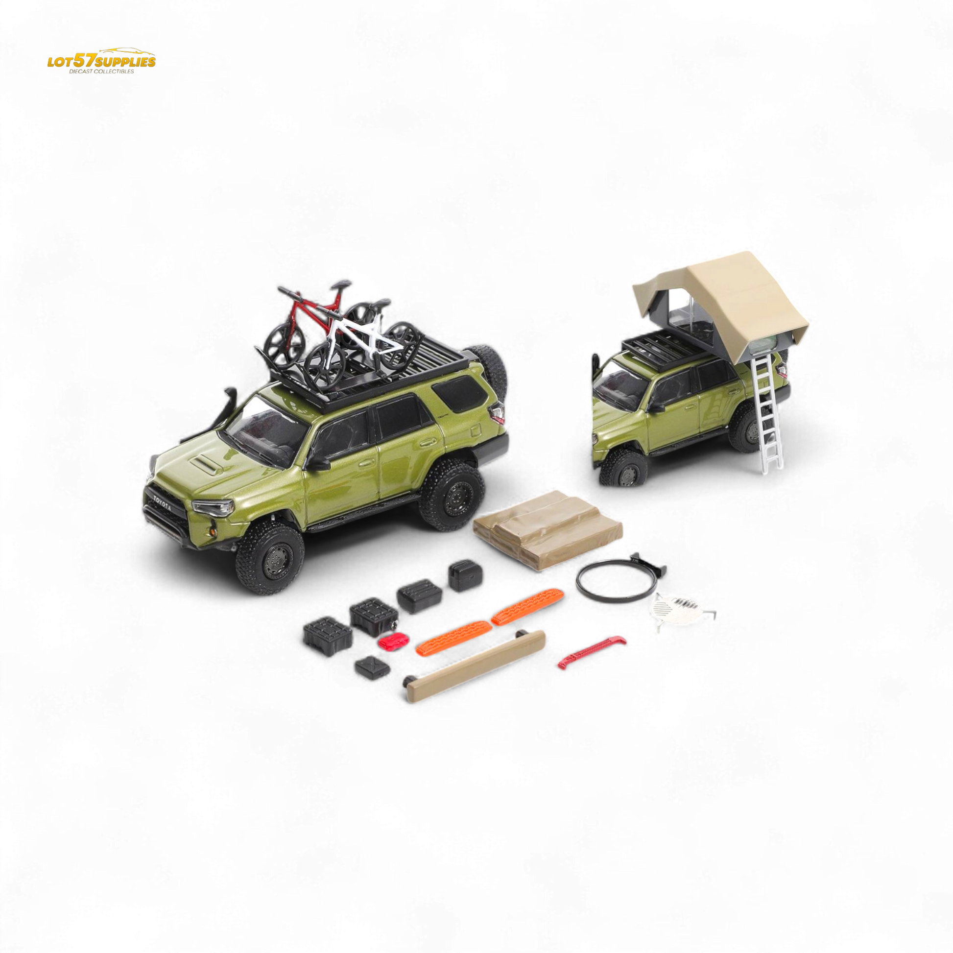 Olive green GCD Toyota 4Runner diecast model in modified version, 1:64 scale, featuring detailed exterior and realistic design.