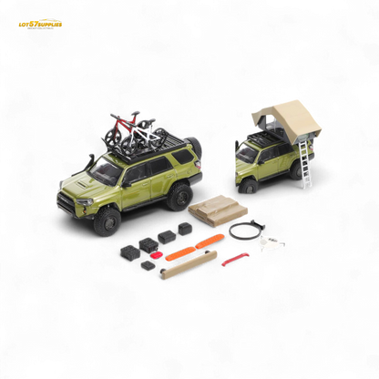 Olive green GCD Toyota 4Runner diecast model in modified version, 1:64 scale, featuring detailed exterior and realistic design.