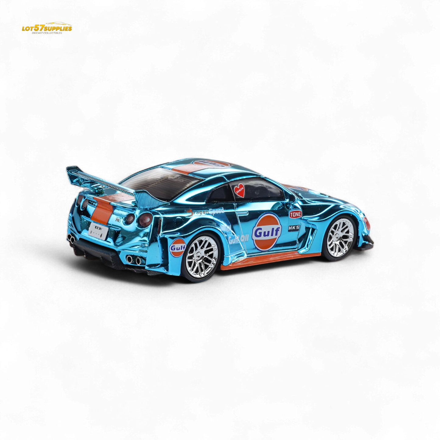 Chrome Nissan GT-R R35 diecast model by Lot57Supplies, featuring Gulf livery in 1:64 scale with detailed exterior.