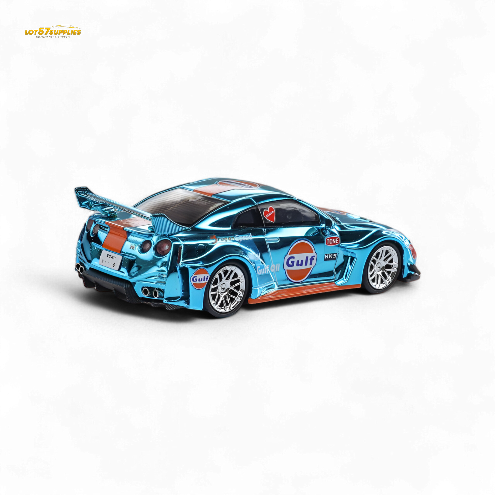 Chrome Nissan GT-R R35 diecast model by Lot57Supplies, featuring Gulf livery in 1:64 scale with detailed exterior.