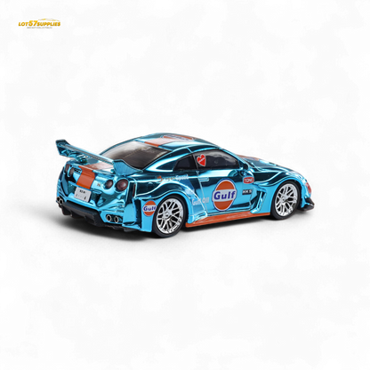 Chrome Nissan GT-R R35 diecast model by Lot57Supplies, featuring Gulf livery in 1:64 scale with detailed exterior.