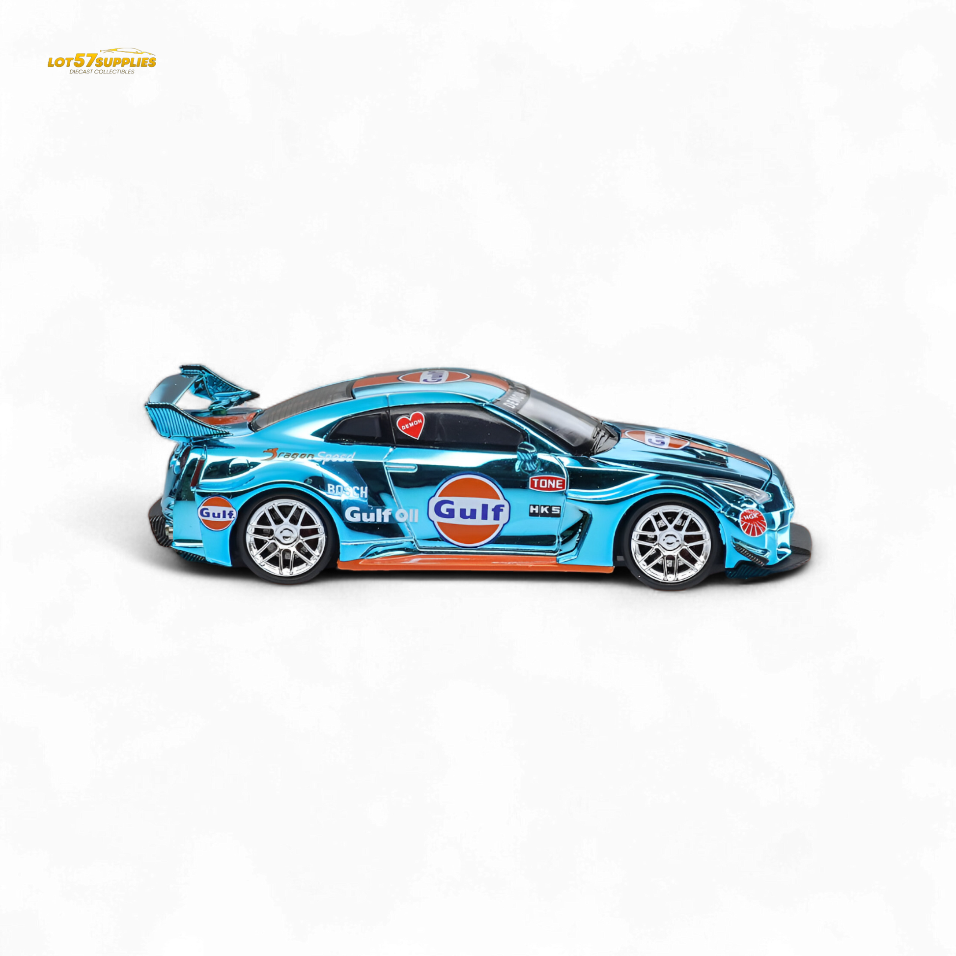 Diecast Nissan GT-R R35 model by Lot57Supplies with chrome Gulf livery, 1:64 scale, detailed miniature car.