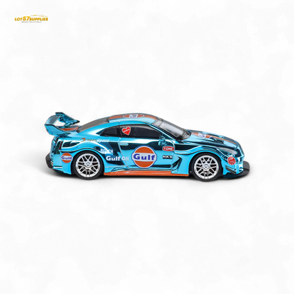 Diecast Nissan GT-R R35 model by Lot57Supplies with chrome Gulf livery, 1:64 scale, detailed miniature car.
