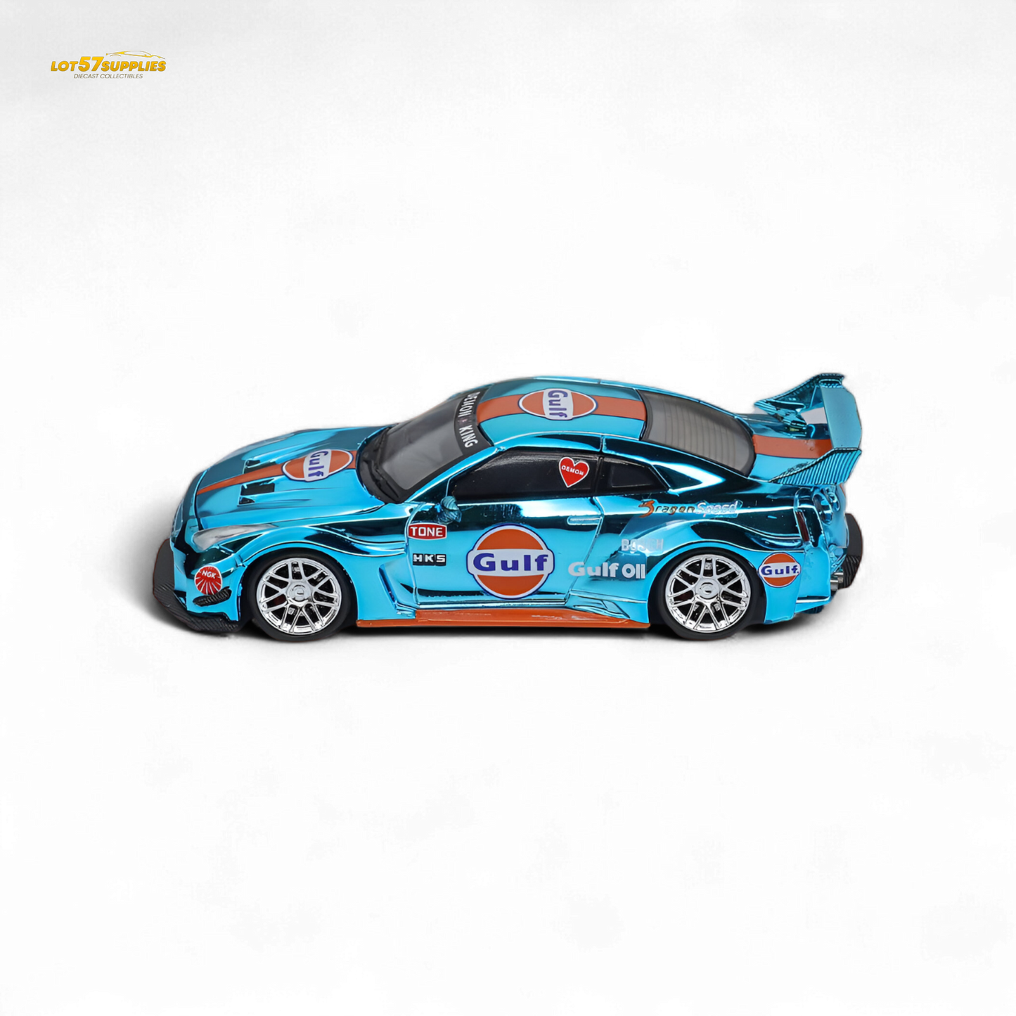 Chrome Gulf Nissan GT-R R35 diecast model in 1:64 scale, featuring detailed design from Lot57Supplies Diecast Shop.