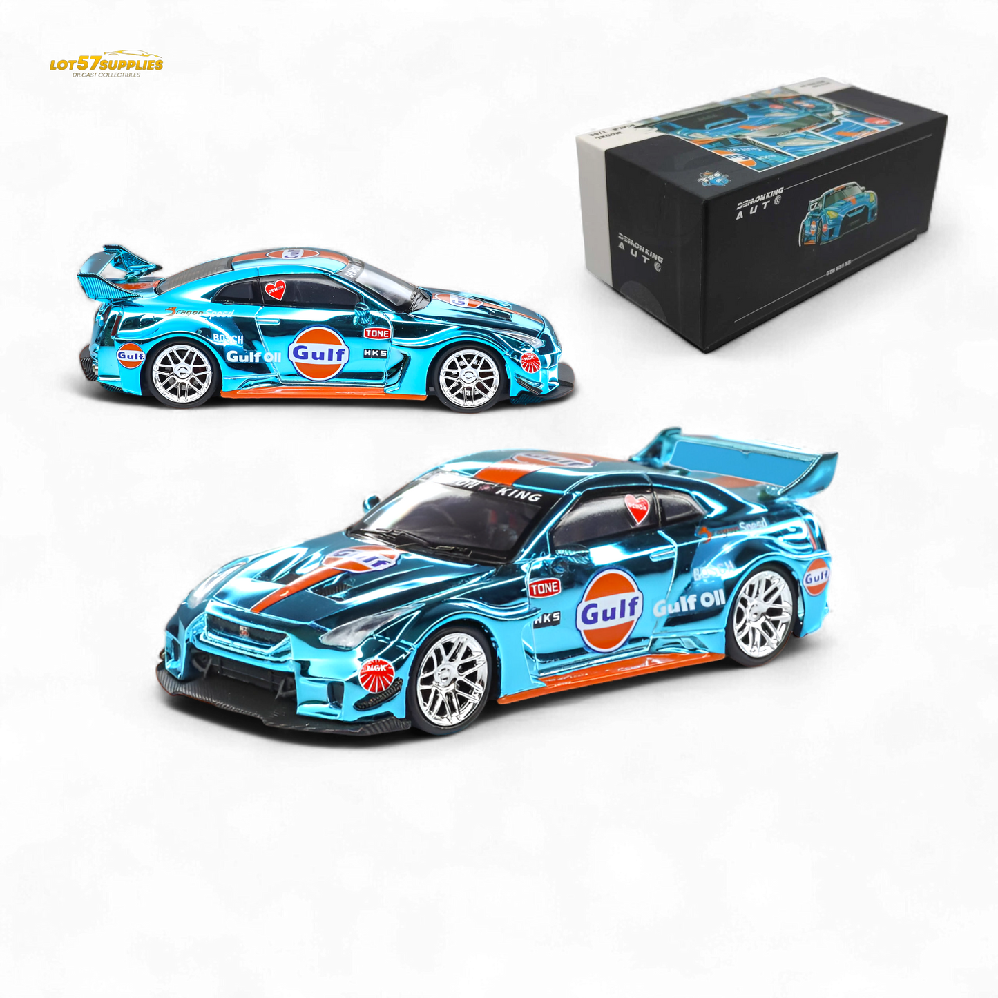 Chrome Demon King Auto LBWK Nissan GT-R R35 diecast model in 1:64 scale, featuring Gulf racing livery, from Lot57Supplies Diecast Shop.