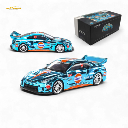 Chrome Demon King Auto LBWK Nissan GT-R R35 diecast model in 1:64 scale, featuring Gulf racing livery, from Lot57Supplies Diecast Shop.